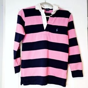 Ralph Lauren Women's Pink and Navy Striped Rugby Shirt